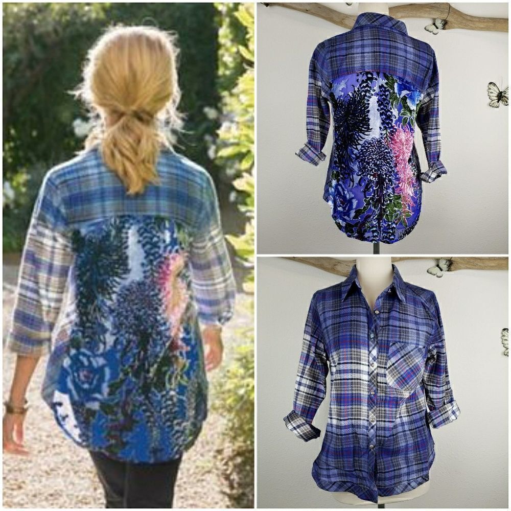 Soft surroundings blue flannel shirt burnout back